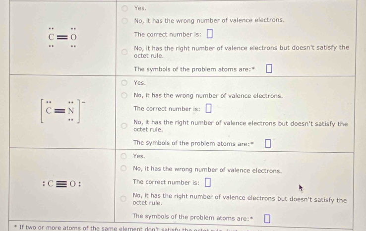 Yes,
No, it has the wrong number of valence electrons.
C=C
The correct number is: □
No, it has the right number of valence electrons but doesn't satisfy the
octet rule.
The symbols of the problem atoms are:
Yes.
No, it has the wrong number of valence electrons.
[^..=overset .N]^- The correct number is: □
No, it has the right number of valence electrons but doesn't satisfy the
octet rule.
The symbols of the problem atoms are:
Yes.
No, it has the wrong number of valence electrons.
: cequiv 0
The correct number is: |
No, it has the right number of valence electrons but doesn't satisfy the
octet rule.
The symbols of the problem atoms are:*
If two or more atoms of the same element don't satisfy