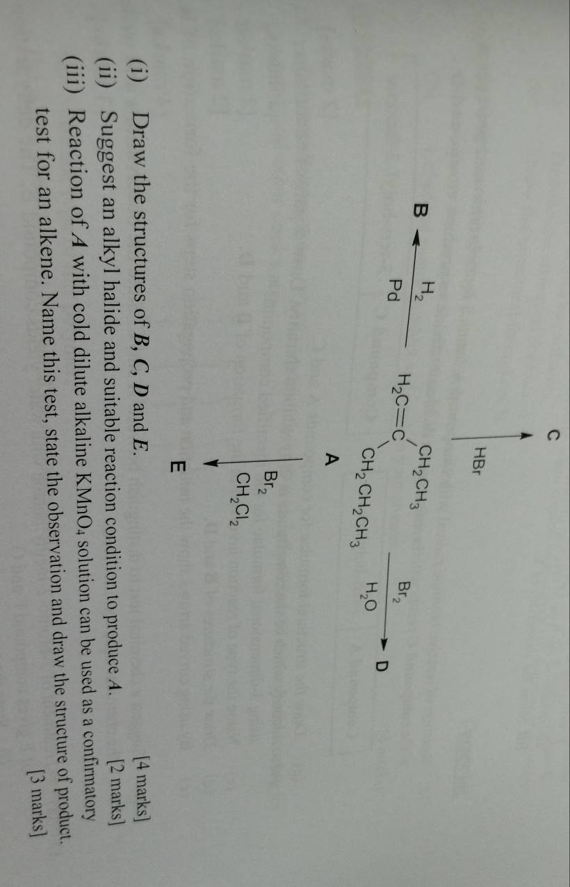 Draw[4 marks]
(ii) Suggest an alkyl halide and suitable reaction condition to produce A. [2 marks]
(iii) Reaction of A with cold dilute alkaline KMn( JA a solution can be used as a confirmatory .
test for an alkene. Name this test, state the observation and draw the structure of product.
[3 marks]