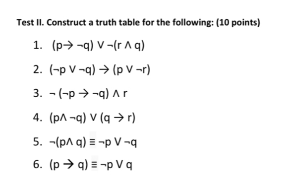 Test II. Construct a truth table for the following: (10 points) 
1. (pto neg q)vee neg (rwedge q)
2. (neg pvee neg q)to (pvee neg r)
3. neg (neg pto neg q)wedge r
4. (pwedge neg q)vee (qto r)
5. neg (pwedge q)equiv neg pvee neg q
6. (pto q)equiv neg pvee q