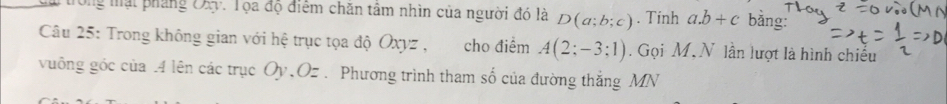 ng mại pháng Đây. Tọa độ điệm chăn tâm nhìn của người đó là D(a;b;c). Tinh a. b+c bǎng: 
Câu 25: Trong không gian với hệ trục tọa độ Oxyz , cho điểm A(2;-3;1). Gọi M, N lần lượt là hình chiếu 
vuống gốc của .4 lên các trục Oy, Oz. Phương trình tham số của đường thắng MN