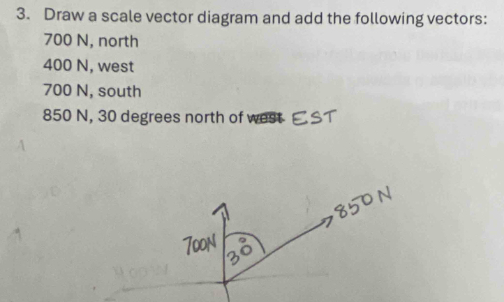 Draw a scale vector diagram and add the following vectors:
700 N, north
400 N, west
700 N, south
850 N, 30 degrees north of west