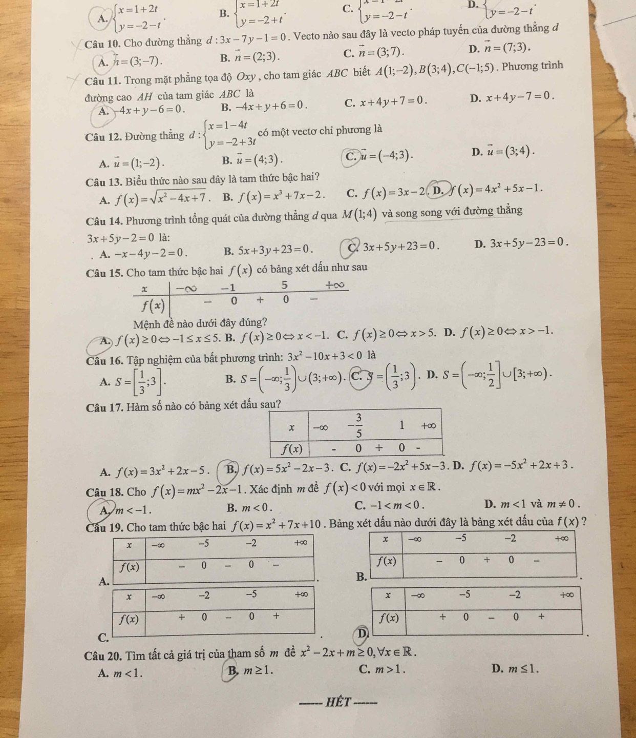 C.
A. beginarrayl x=1+2t y=-2-tendarray. . B. beginarrayl x=1+2t y=-2+tendarray. . beginarrayl x=1 y=-2-tendarray. . D.  y=-2-t
Câu 10. Cho đường thẳng d:3x-7y-1=0. Vecto nào sau đây là vecto pháp tuyến của đường thẳng đ
C. vector n=(3;7). D. vector n=(7;3).
A. n=(3;-7).
B. vector n=(2;3).
Câu 11. Trong mặt phẳng tọa độ Oxy , cho tam giác ABC biết A(1;-2),B(3;4),C(-1;5). Phương trình
đường cao AH của tam giác ABC là
A. -4x+y-6=0. B. -4x+y+6=0. C. x+4y+7=0. D. x+4y-7=0.
Câu 12. Đường thẳng đ = :beginarrayl x=1-4t y=-2+3tendarray. có một vectơ chi phương là
A. vector u=(1;-2).
B. vector u=(4;3). vector u=(-4;3). vector u=(3;4).
C.
D.
Câu 13. Biểu thức nào sau đây là tam thức bậc hai?
A. f(x)=sqrt(x^2-4x+7) B. f(x)=x^3+7x-2. C. f(x)=3x-2 D. f(x)=4x^2+5x-1.
Câu 14. Phương trình tổng quát của đường thẳng ở qua M(1;4) và song song với đường thắng
3x+5y-2=0 là:
A. -x-4y-2=0. B. 5x+3y+23=0. c 3x+5y+23=0. D. 3x+5y-23=0.
Câu 15. Cho tam thức bậc hai f(x) có bảng xét dấu như sau
Mệnh đề nào dưới đây đúng?
A. f(x)≥ 0Leftrightarrow -1≤ x≤ 5. B. f(x)≥ 0Leftrightarrow x . C. f(x)≥ 0 ⇔ x>5. D. f(x)≥ 0Leftrightarrow x>-1.
Câu 16. Tập nghiệm của bất phương trình: 3x^2-10x+3<0</tex> là
A. S=[ 1/3 ;3]. S=(-∈fty ; 1/3 )∪ (3;+∈fty ) c: y=( 1/3 ;3). D. S=(-∈fty ; 1/2 ]∪ [3;+∈fty ).
B.
Câu 17. Hàm số nào có bảng xét dấ
A. f(x)=3x^2+2x-5 B. f(x)=5x^2-2x-3. C. f(x)=-2x^2+5x-3. D. f(x)=-5x^2+2x+3.
Câu 18. Cho f(x)=mx^2-2x-1. Xác định m đề f(x)<0</tex> với mọi x∈ R.
A m
B. m<0. C. -1 D. m<1</tex> và m!= 0.
Câu 19. Cho tam thức bậc hai f(x)=x^2+7x+10. Bảng xét dấu nào dưới đây là bảng xét dấu của f(x) ?
 
Câu 20. Tìm tất cả giá trị của tham số m đề x^2-2x+m≥ 0,forall x∈ R.
A. m<1.
B. m≥ 1. C. m>1. D. m≤ 1.
_HếT_