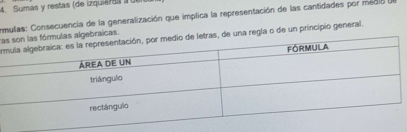 Sumas y restas (de izquierda a delo 
irmulas: Consecuencia de la generalización que implica la representación de las cantidades por medio du 
rabraicas. 
r una regla o de un principio general.