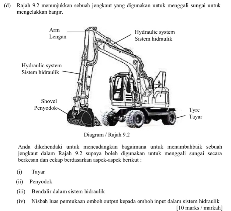 Rajah 9.2 menunjukkan sebuah jengkaut yang digunakan untuk menggali sungai untuk 
mengelakkan banjir. 
Anda dikehendaki untuk mencadangkan bagaimana untuk menambahbaik sebuah 
jengkaut dalam Rajah 9.2 supaya boleh digunakan untuk menggali sungai secara 
berkesan dan cekap berdasarkan aspek-aspek berikut : 
(i) Tayar 
(ii) Penyodok 
(ii) Bendalir dalam sistem hidraulik 
(iv) Nisbah luas permukaan omboh output kepada omboh input dalam sistem hidraulik 
[10 marks / markah]