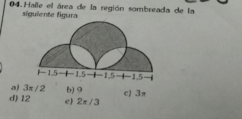 Halle el área de la región sombreada de la
siguiente figura
a) 3π /2 b) 9 c) 3π
d) 12 e) 2π/3