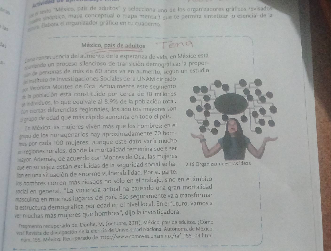 Actividad de  a 
bras
etexto 'México, país de adultos' y selecciona uno de los organizadores gráficos revisados
n ade snoptico, mapa conceptual o mapa mental) que te permita sintetizar lo esencial de la
las  tua. Elabora el organizador gráfico en tu cuaderno.
das México, país de adultos
1
Como consecuencia del aúmento de la esperanza de vida, en México está
xurriendo un proceso silencioso de transición demográfica: la propor-
son de personas de más de 60 años va en aumento, según un estudio
Instituto de Investigaciones Sociales de la UNAM dirigido
r Verónica Montes de Oca. Actualmente este segmento
e la población está constituido por cerca de 10 millones
de individuos, lo que equivale al 8.9% de la población total.
Con ciertas diferencias regionales, los adultos mayores son
a grupo de edad que más rápido aumenta en todo el país.
En México las mujeres viven más que los hombres: en el
grupo de los nonagenarios hay aproximadamente 70 hom-
bres por cada 100 mujeres; aunque este dato varía mucho
en regiones rurales, donde la mortalidad femenina suele ser
mayor. Además, de acuerdo con Montes de Oca, las mujeres
que en su vejez están excluidas de la seguridad social se ha- 2.16 Organizar nue
an en una situación de enorme vulnerabilidad. Por su parte,
los hombres corren más riesgos no sólo en el trabajo, sino en el ámbito
social en general. “La violencia actual ha causado una gran mortalidad
masculina en muchos lugares del país. Eso seguramente va a transformar
la estructura demográfica por edad en el nivel local. En el futuro, vamos a
ver muchas más mujeres que hombres'', dijo la investigadora.
Fragmento recuperado de: Dunhe, M. (octubre, 2011). México, país de adultos. ¿Cómo
ves? Revista de divulgación de la ciencia de Universidad Nacional Autónoma de México,
núm. 155. México. Recuperado de http://www.comoves.unam.mx/raf_155_04.html.