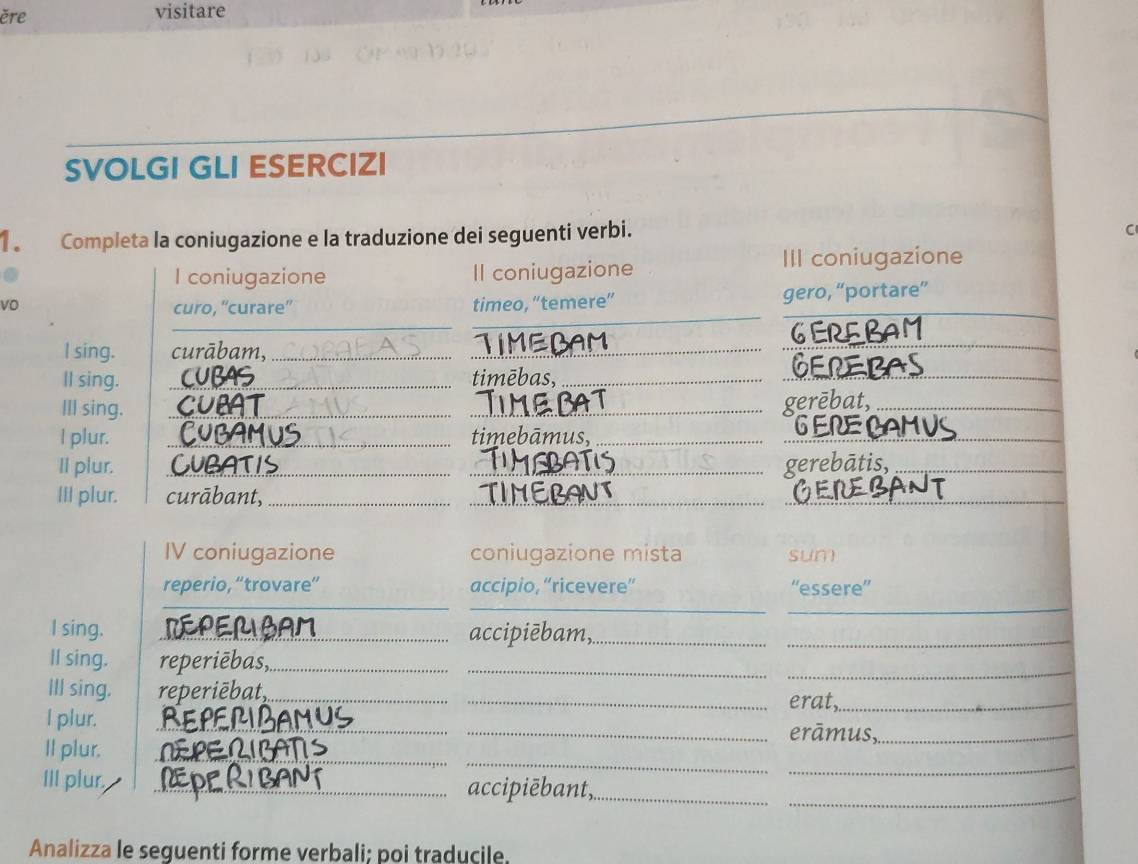 ěre visitare 
SVOLGI GLI ESERCIZI 
1 Completa la coniugazione e la traduzione dei seguenti verbi. 
C 
I coniugazione Il coniugazione 
III coniugazione 
vo curo, “curare” timeo, “temere” gero, “portare” 
_ 
_ 
ERFB 
l sing. curābam,_ 
_ 
_ 
ll sing. _timēbas,_ 
_EREBA_ 
III sing._ 
_ 
gerēbat._ 
I plur. _timebāmus__ 
II plur. __gerebātis,_ 
III plur. curābant,_ 
_ 
_ 
IV coniugazione coniugazione mista sum 
reperio, “trovare” accipio, “ricevere” ''essere'' 
_ 
_ 
__ 
I sing. _accipiēbam,__ 
ll sing. reperiēbas,_ 
_ 
_ 
III sing. reperiēbat,_ _erat,_ 
l plur. __erāmus,_ 
_ 
_ 
Il plur._ 
IlI plur, _accipiēbant,__ 
Analizza le seguenti forme verbali; poi traducile.