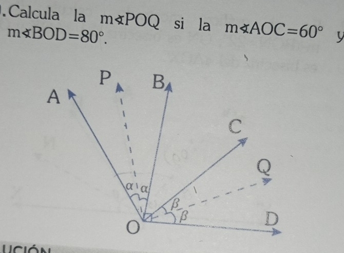 Calcula la mnot ⊂ POQ si la m∠ AOC=60° y
m∠ BOD=80°.