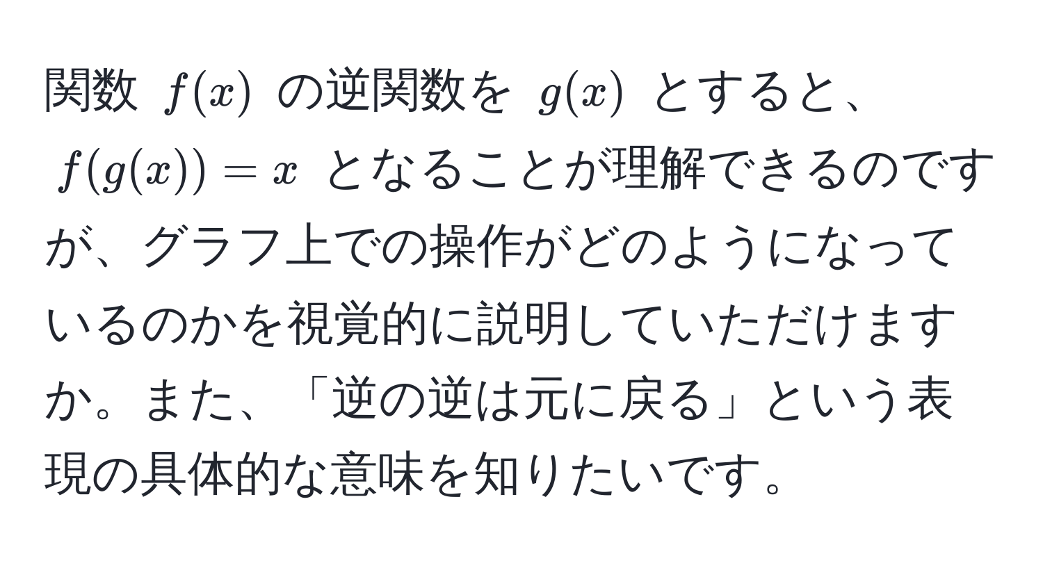 関数 ( f(x) ) の逆関数を ( g(x) ) とすると、 ( f(g(x)) = x ) となることが理解できるのですが、グラフ上での操作がどのようになっているのかを視覚的に説明していただけますか。また、「逆の逆は元に戻る」という表現の具体的な意味を知りたいです。