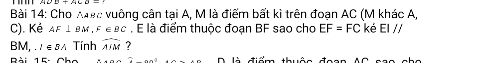 ADB+ACB=! 
Bài 14: Cho △ ABC vuông cân tại A, M là điểm bất kì trên đoạn AC (M khác A, 
C). Kẻ AF⊥ BM, F∈ BC. E là điểm thuộc đoạn BF sao cho EF=FC kẻ EI//
BM, . I∈ BA Tính widehat AIM ? 
Bài 15: Cho widehat A-widehat OO Dlà điểm thuộc đoan AC sao cho