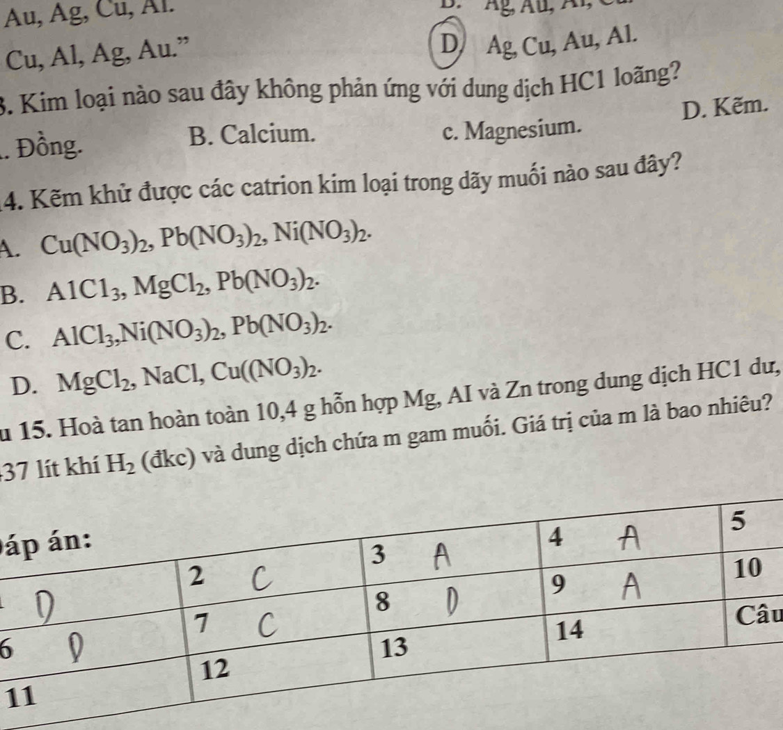 Au, Ag, Cu, Al.
Cu, Al, Ag, Au.”
D/ Ag, Cu, Au, Al.
3. Kim loại nào sau đây không phản ứng với dung dịch HC1 loãng?
D. Kẽm.
B. Calcium.
.. Đồng. c. Magnesium.
14. Kẽm khử được các catrion kim loại trong dãy muối nào sau đây?
A. Cu(NO_3)_2, Pb(NO_3)_2, Ni(NO_3)_2.
B. AlCl_3, MgCl_2, Pb(NO_3)_2.
C. AlCl_3, Ni(NO_3)_2, Pb(NO_3)_2.
D. MgCl_2, NaCl, Cu((NO_3)_2. 
u 15. Hoà tan hoàn toàn 10,4 g hỗn hợp Mg, AI và Zn trong dung dịch HC1 dư,
37 lít khí H_2 (đkc) và dung dịch chứa m gam muối. Giá trị của m là bao nhiêu?
á
u
6
1