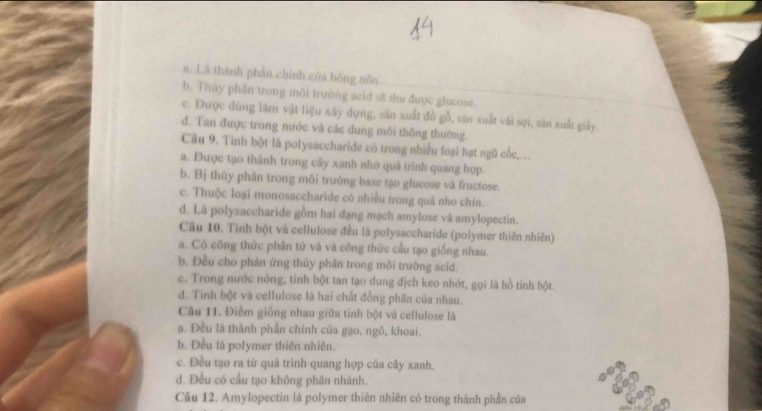 a. Là thành phần chính của bông nôn
b. Thủy phân trong môi trường acid sẽ thu được glucose.
c. Được đùng lâm vật liệu xây dựng, sản xuất đồ gỗ, sân xuất vài sợi, sản xuất giấy.
d. Tan được trong nước và các dung môi thông thường.
Câu 9. Tinh bột là polysaccharide có trong nhiều loại hạt ngũ cốc,...
a. Được tạo thành trong cây xanh nhờ quá trình quang hợp.
b. Bj thủy phân trong môi trường base tạo glucose và fructose.
c. Thuộc loại monosaccharide có nhiều trong quả nho chín.
d. Lá polysaccharide gồm hai dạng mạch amylose và amylopectin.
Câu 10. Tinh bột và cellulose đều là polysaccharide (polymer thiên nhiên)
a. Có công thức phân từ và và công thức cầu tạo giống nhau.
b. Đều cho phản ứng thủy phân trong môi trường acid.
c. Trong nước nóng, tinh bột tan tạo dung dịch keo nhớt, gọi là hồ tinh bột.
d. Tinh bột và cellulose là hai chất đồng phân của nhau.
Câu 11. Điểm giống nhau giữa tinh bột và cellulose là
a. Đều là thành phần chính của gạo, ngô, khoai.
b. Đều là polymer thiên nhiên.
c. Đều tạo ra từ quá trình quang hợp của cây xanh.
d. Đều có cầu tạo không phân nhánh.
Cầu 12. Amylopectin là polymer thiên nhiên có trong thành phần của