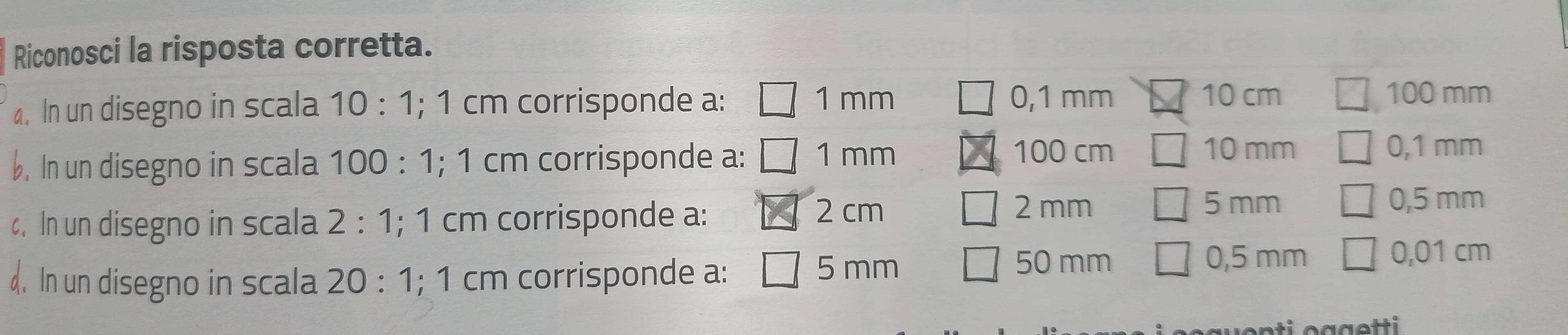 Riconosci la risposta corretta.
a. In un disegno in scala 10:1; 1 cm corrisponde a: 1 mm
0,1 mm 10 cm 100 mm
b. In un disegno in scala 100:1; 1 cm corrisponde a: 1 mm
100 cm 10 mm 0,1 mm
c. In un disegno in scala 2:1; 1 cm corrisponde a:
2 cm 2 mm 5 mm 0,5 mm. In un disegno in scala 20:1; 1 cm corrisponde a:
0,5 mm
5 mm 50 mm 0,01 cm