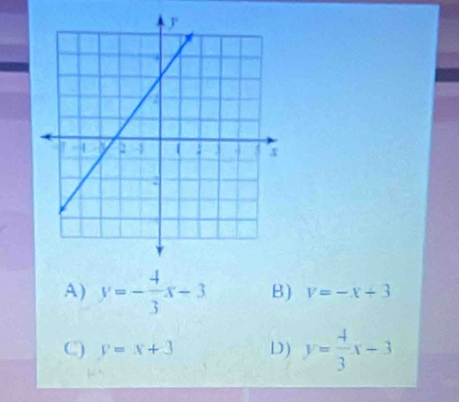 A) y=- 4/3 x-3 B) v=-x+3
C) y=x+3 D) y= 4/3 x-3