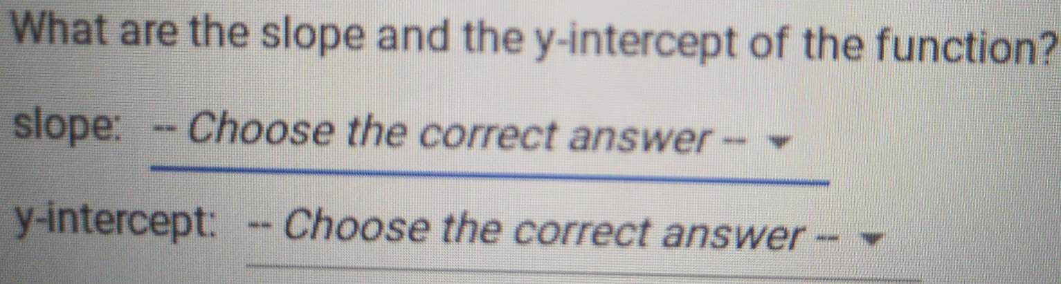 What are the slope and the y-intercept of the function? 
slope
y -inte
 (-Choosethecorrectanswer-)/rcept:-Choosethecorrectanswer- 