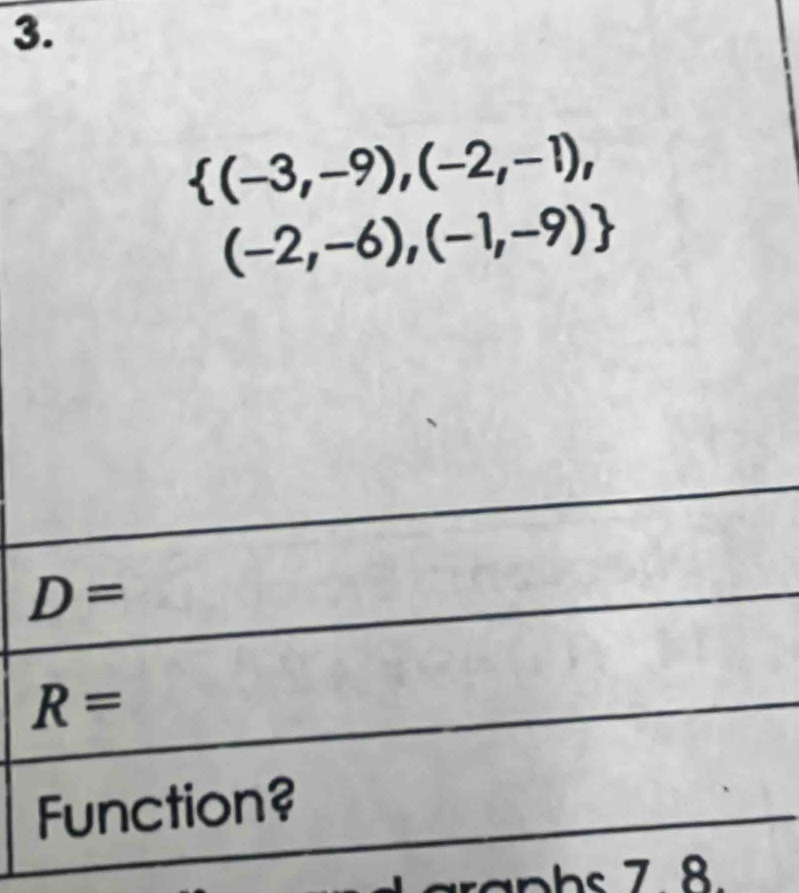  (-3,-9),(-2,-1),
(-2,-6),(-1,-9)
D=
R=
Function? 
raphs 7. 8.