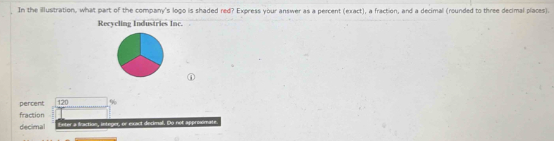 In the illustration, what part of the company's logo is shaded red? Express your answer as a percent (exact), a fraction, and a decimal (rounded to three decimal places). 
Recycling Industries Inc. 
percent 120 %
fraction 
decimal Enter a fraction, integer, or exact decimal. Do not approximate.