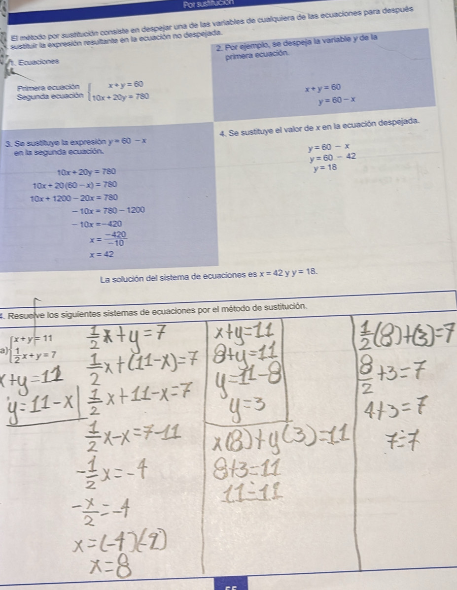 Por sustifución
El método por sustitución consiste en despejar una de las variables de cualquiera de las ecuaciones para después
sustituir la expresión resultante en la ecuación no despejada.
2. Por ejempío, se despeja la variable y de la
1. Ecuaciones
primera ecuación.
Primera ecuación
Segunda ecuación beginarrayl x+y=60 10x+20y=780endarray.
x+y=60
y=60-x
3. Se sustituye la expresión y=60-x 4. Se sustituye el valor de x en la ecuación despejada.
en la segunda ecuación.
y=60-x
y=60-42
10x+20y=780
y=18
10x+20(60-x)=780
10x+1200-20x=780
-10x=780-1200
-10x=-420
x= (-420)/-10 
x=42
La solución del sistema de ecuaciones es x=42 y y=18.
4. R
a