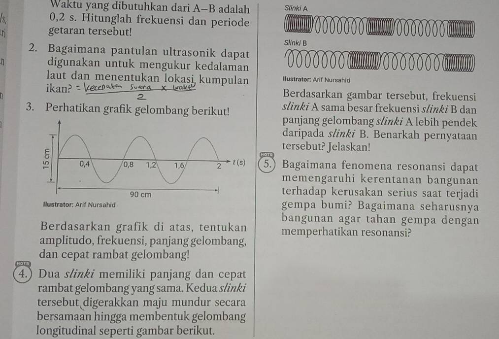 Waktu yang dibutuhkan dari A-B adalah Slinki A 
Is 0,2 s. Hitunglah frekuensi dan periode 
ri getaran tersebut! 
Slinki B 
2. Bagaimana pantulan ultrasonik dapat 
a digunakan untuk mengukur kedalaman Ởδ ...... 
laut dan menentukan lokasi kumpulan Ilustrator: Arif Nursahid 
ikan? Berdasarkan gambar tersebut, frekuensi 
3. Perhatikan grafik gelombang berikut! 
slinki A sama besar frekuensi slinki B dan 
panjang gelombang slinki A lebih pendek 
daripada slinki B. Benarkah pernyataan 
tersebut? Jelaskan! 
5.) Bagaimana fenomena resonansi dapat 
memengaruhi kerentanan bangunan 
terhadap kerusakan serius saat terjadi 
Ilustrator: Arif Nursahid gempa bumi? Bagaimana seharusnya 
bangunan agar tahan gempa dengan 
Berdasarkan grafik di atas, tentukan memperhatikan resonansi? 
amplitudo, frekuensi, panjang gelombang, 
dan cepat rambat gelombang! 
Hor 
4.) Dua slinki memiliki panjang dan cepat 
rambat gelombang yang sama. Kedua slinki 
tersebut digerakkan maju mundur secara 
bersamaan hingga membentuk gelombang 
longitudinal seperti gambar berikut.