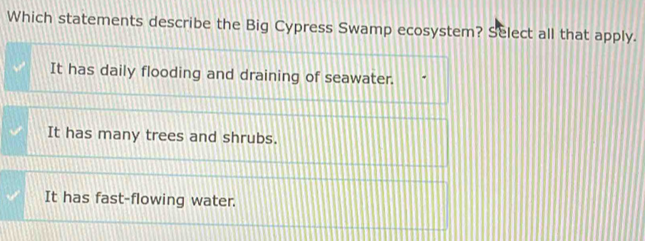 Which statements describe the Big Cypress Swamp ecosystem? Select all that apply.
It has daily flooding and draining of seawater.
It has many trees and shrubs.
It has fast-flowing water.