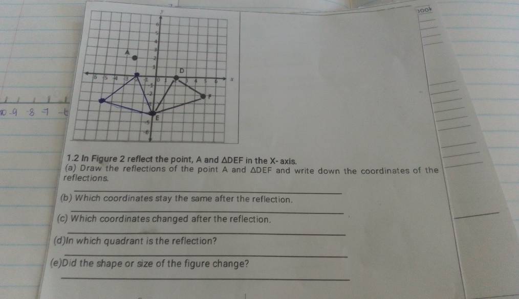 jook 
_ 
_ 
_ 
_ 
_ 
_ 
_ 
1.2 In Figure 2 reflect the point, A and △ DEF in the X - axis. 
(a) Draw the reflections of the point A and △ DEF and write down the coordinates of the 
_ 
reflections. 
_ 
(b) Which coordinates stay the same after the reflection. 
_ 
(c) Which coordinates changed after the reflection. 
_ 
_ 
(d)In which quadrant is the reflection? 
_ 
(e)Did the shape or size of the figure change? 
_