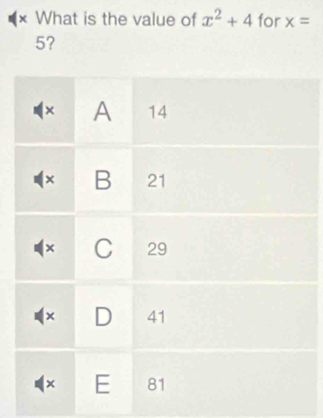 × What is the value of x^2+4 for x=
5?