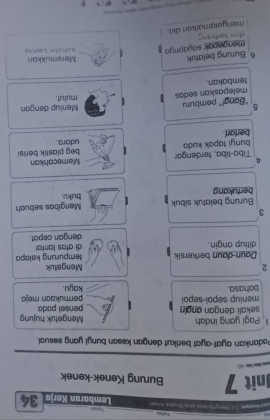 mo Kelas 
_ 
Tarikh 
durd Kandunyan; 3. 2 Menghosilkan Idea Muzikal Kreatif Lembaran Kerja 34
nit 7
Burung Kenek-kenek 
Jeman Buku Teks: 60
Padankan ayat-ayat berikut dengan kesan bunyi yang sesuai. 
I Pagi yang indah Mengetuk hujung 
sekali dengan angin pensel pada 
meniup sepoi-sepoi permukaan meja 
bahasa. kayu.
2 Mengetuk 
Daun-daun berkersik tempurung kelapa 
ditiup angin. di atas lantai 
dengan cepat.
3
Burung belatuk sibuk Mengibas sebuah 
buku. 
bertukang. 
4 
Tiba-tiba, terdengar Memecahkan 
bunyi tapak kuda beg plastik berisi 
udara. 
berlari . 
5 Meniup dengan 
“Bang!” pemburu 
melepaskan sedas 
mulut. 
tembakan. 
6 Burung belatuk Meremukkan 
mengepak sayapnya 
sehelai kertas 
dan terb äng 
menyelamatkan dirl. 
in nelhagri bünyr menggunakan bahan improvisae