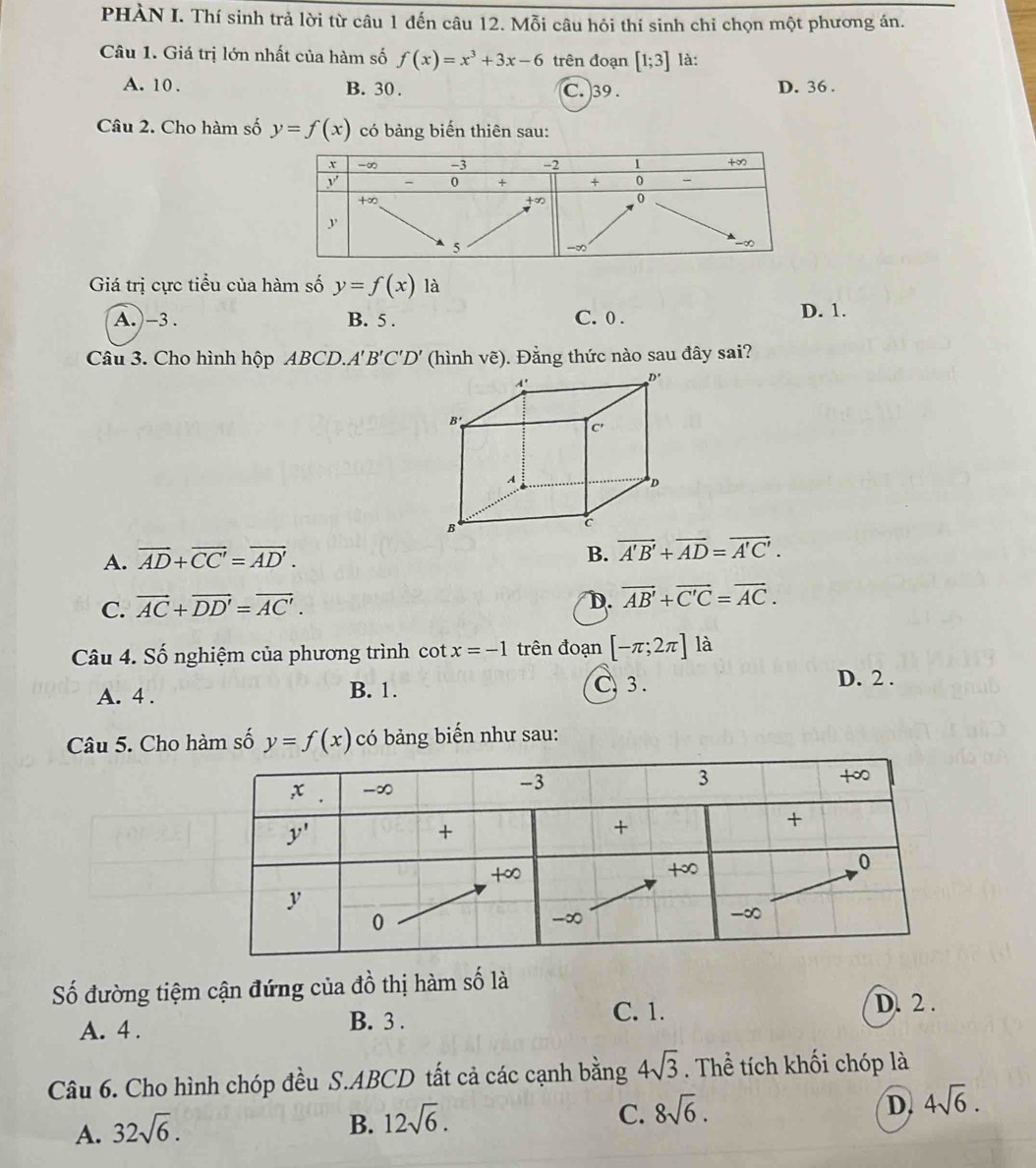 PHÀN I. Thí sinh trả lời từ câu 1 đến câu 12. Mỗi câu hỏi thí sinh chi chọn một phương án.
Câu 1. Giá trị lớn nhất của hàm số f(x)=x^3+3x-6 trên đoạn [1;3] là:
A. 10 . B. 30 . C. )39 . D. 36 .
Câu 2. Cho hàm số y=f(x) có bảng biến thiên sau:
Giá trị cực tiểu của hàm số y=f(x) là
A.)-3. B. 5 . C. 0 . D. 1.
Câu 3. Cho hình hộp ABCD.A' B'C'D' (hình vẽ). Đằng thức nào sau đây sai?
A. vector AD+vector CC'=vector AD'.
B. vector A'B'+vector AD=vector A'C'.
C. vector AC+vector DD'=vector AC'.
D. vector AB'+vector C'C=vector AC.
Câu 4. Số nghiệm của phương trình cot x=-1 trên đoạn [-π ;2π ]1a
A. 4 . B. 1. C, 3 .
D. 2 .
Câu 5. Cho hàm số y=f(x) có bảng biến như sau:
Số đường tiệm cận đứng của đồ thị hàm số là
D. 2 .
A. 4 .
B. 3 . C. 1.
Câu 6. Cho hình chóp đều S.ABCD tất cả các cạnh bằng 4sqrt(3). Thể tích khối chóp là
D. 4sqrt(6).
A. 32sqrt(6).
B. 12sqrt(6).
C. 8sqrt(6).