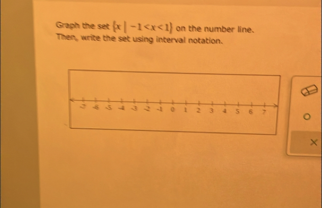 Graph the set  x|-1 on the number line. 
Then, write the set using interval notation.
X