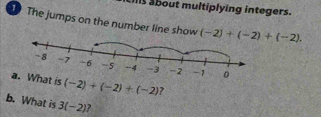 eis about multiplying integers. 
1 The jumps on the number line show (-2)+(-2)+(-2). 
a. What is (-2)+(-2)+(-2) ? 
b. What is 3(-2) ?