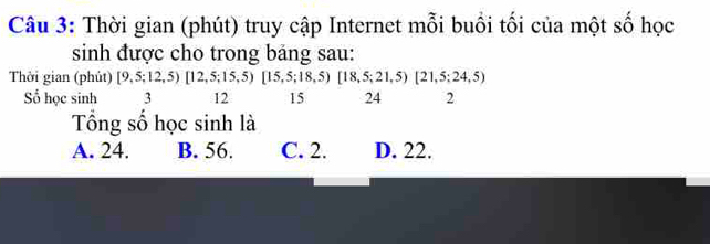 Thời gian (phút) truy cập Internet mỗi buổi tối của một số học
sinh được cho trong bảng sau:
Thời gian (phút) [9,5;12,5)[12,5;15,5)[15,5;18,5)[18,5;21,5)[21,5;24,5)
Số học sinh 3 12 15 24 2
Tổng số học sinh là
A. 24. B. 56. C. 2. D. 22.