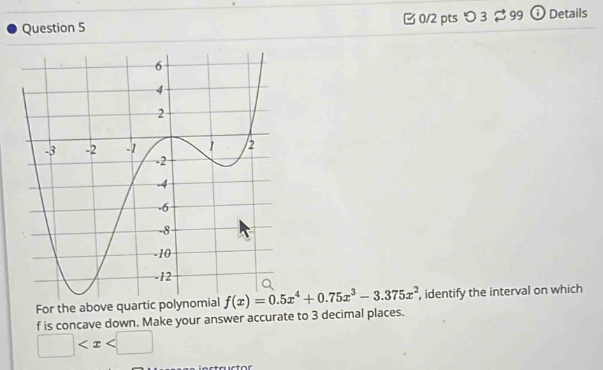 [ 0/2 pts つ 3 $ 99 ⓘ Details 
For the above quartic polynomial f(x)=0.5x^4+0.75x^3-3.375x^2 , identify the interval on which
f is concave down. Make your answer accurate to 3 decimal places.
□