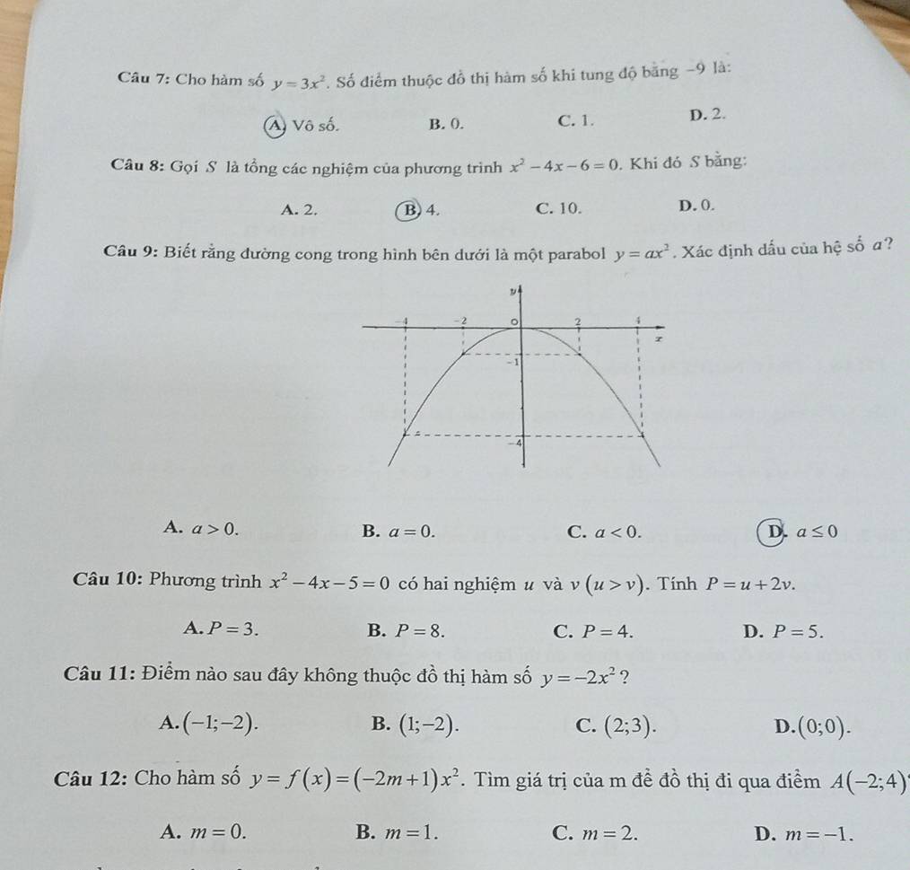 Cho hàm số y=3x^2. Số điểm thuộc đồ thị hàm số khi tung độ bằng −9 là:
A Vô số. B. 0. C. 1. D. 2.
Câu 8: Gọi S là tổng các nghiệm của phương trình x^2-4x-6=0. Khi đó S bằng:
A. 2. B) 4. C. 10. D. 0.
Câu 9: Biết rằng dường cong trong hình bên dưới là một parabol y=ax^2. Xác định dấu của hệ số a?
A. a>0. B. a=0. a<0</tex>. D. a≤ 0
C.
Câu 10: Phương trình x^2-4x-5=0 có hai nghiệm u và v(u>v). Tính P=u+2v.
A. P=3. B. P=8. C. P=4. D. P=5. 
Câu 11: Điểm nào sau đây không thuộc đồ thị hàm số y=-2x^2 ?
A. (-1;-2). B. (1;-2). C. (2;3). D. (0;0). 
Câu 12: Cho hàm số y=f(x)=(-2m+1)x^2. Tìm giá trị của m đề đồ thị đi qua điểm A(-2;4)
A. m=0. B. m=1. C. m=2. D. m=-1.