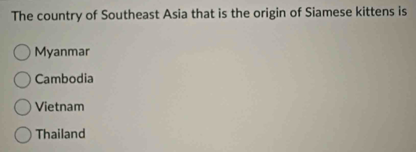 The country of Southeast Asia that is the origin of Siamese kittens is
Myanmar
Cambodia
Vietnam
Thailand