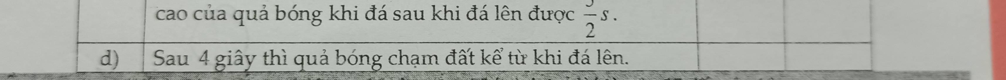 cao của quả bóng khi đá sau khi đá lên được  3/2 s. 
d) Sau 4 giây thì quả bóng chạm đất kể từ khi đá lên.