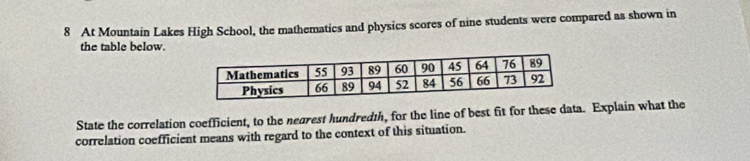 At Mountain Lakes High School, the mathematics and physics scores of nine students were compared as shown in 
the table below. 
State the correlation coefficient, to the nearest hundredth, for the line of best fit for these data. Explain what the 
correlation coefficient means with regard to the context of this situation.