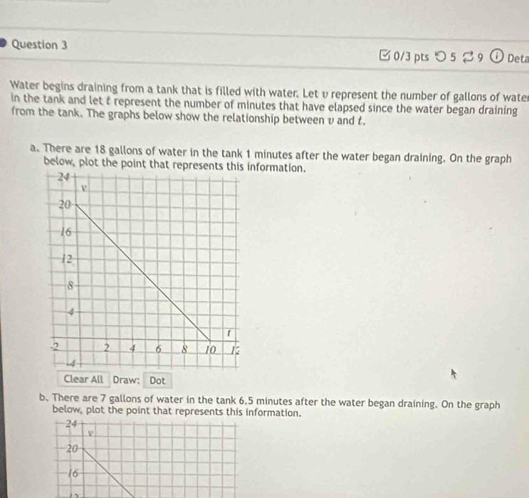 □ 0/3 pts つ 5 % 9① Deta
Water begins draining from a tank that is filled with water. Let v represent the number of gallons of water
in the tank and let t represent the number of minutes that have elapsed since the water began draining
from the tank. The graphs below show the relationship betweenυ and t.
a. There are 18 gallons of water in the tank 1 minutes after the water began draining. On the graph
below, plot the point that represents this information.
Clear All Draw; Dot
b. There are 7 gallons of water in the tank 6.5 minutes after the water began draining. On the graph
below, plot the point that represents this information.
24
ν
20
16