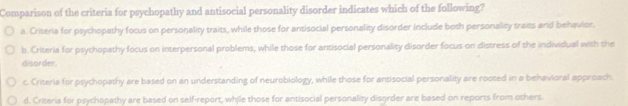 Comparison of the criteria for psychopathy and antisocial personality disorder indicates which of the following?
a. Criteria for psychopathy focus on personality traits, while those for antisocial personality disorder include both personalty traits and behavior.
b. Criteria for psychopathy focus on interpersonal problems, while those for antisocial personality disorder focus on distress of the individual with the
disorder
c. Criteria for psychopathy are based on an understanding of neurobiology, while those for antisocial personality are rooted in a behavioral approach.
d. Criseria for psychopathy are based on self-report, while those for antisocial personality disgrder are based on reports from others.