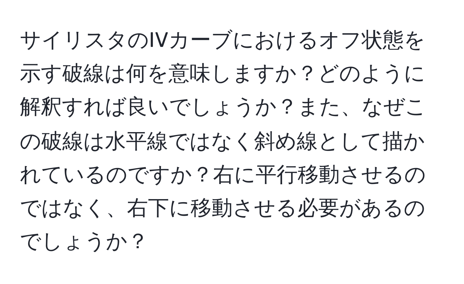 サイリスタのIVカーブにおけるオフ状態を示す破線は何を意味しますか？どのように解釈すれば良いでしょうか？また、なぜこの破線は水平線ではなく斜め線として描かれているのですか？右に平行移動させるのではなく、右下に移動させる必要があるのでしょうか？