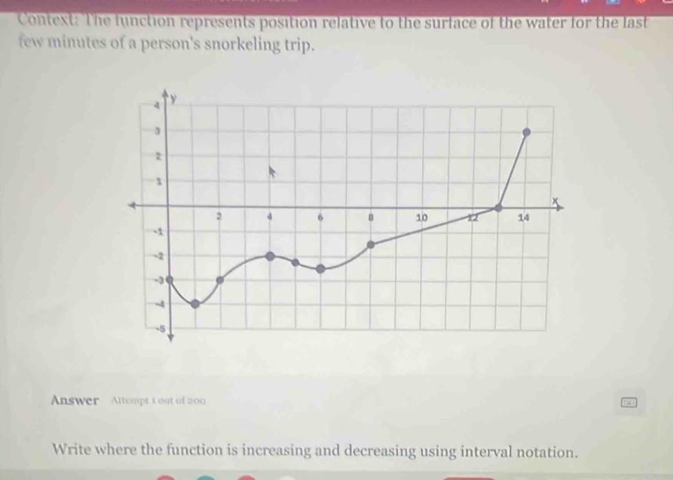 Context: The function represents position relative to the surface of the water for the last 
few minutes of a person's snorkeling trip. 
Answer Attempt 1out of 200 
Write where the function is increasing and decreasing using interval notation.