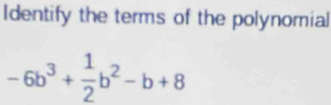 Identify the terms of the polynomial
-6b^3+ 1/2 b^2-b+8