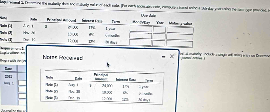 Requirement 1. Determine the maturity date and maturity value of each note. (For each applicable note, compute interest using a 365-day year using the term type provided. R 
N 
N 
N 
N 
Rement 2. est at maturity. Include a single adjusting entry on Decembe 
Explanations are - × journal entries.) 
Notes Received 
Begin with the jo 
Date 
2025 
Aug. 1 
Journalize the en