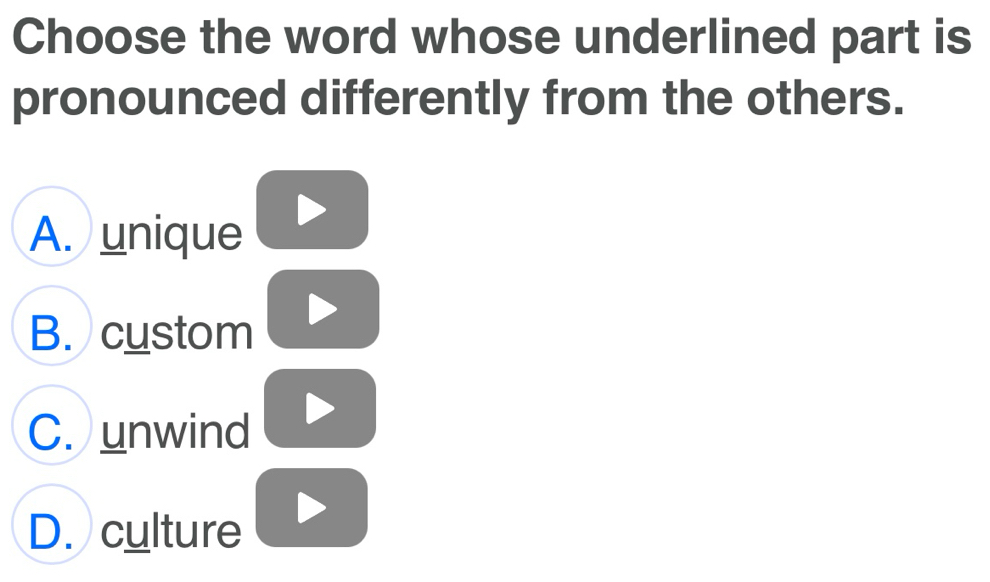 Choose the word whose underlined part is
pronounced differently from the others.
A. unique
B. custom
C. unwind
D. culture