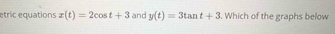 etric equations x(t)=2cos t+3 and y(t)=3tan t+3. Which of the graphs below