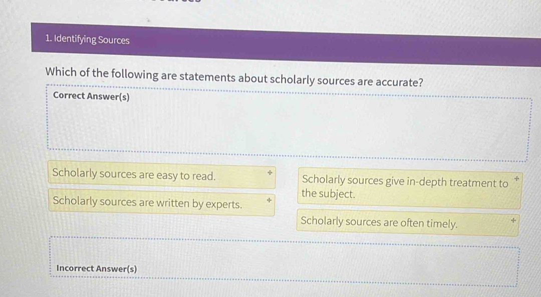 Identifying Sources
Which of the following are statements about scholarly sources are accurate?
Correct Answer(s)
Scholarly sources are easy to read. Scholarly sources give in-depth treatment to
the subject.
Scholarly sources are written by experts.
Scholarly sources are often timely.
Incorrect Answer(s)