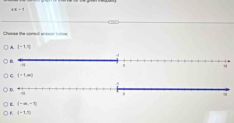 intervar for the given inequality
x≤ -1
Choose the correct answer below.
A. [-1,1]
C. (-1,∈fty )
E. (-∈fty ,-1]
F. (-1,1)