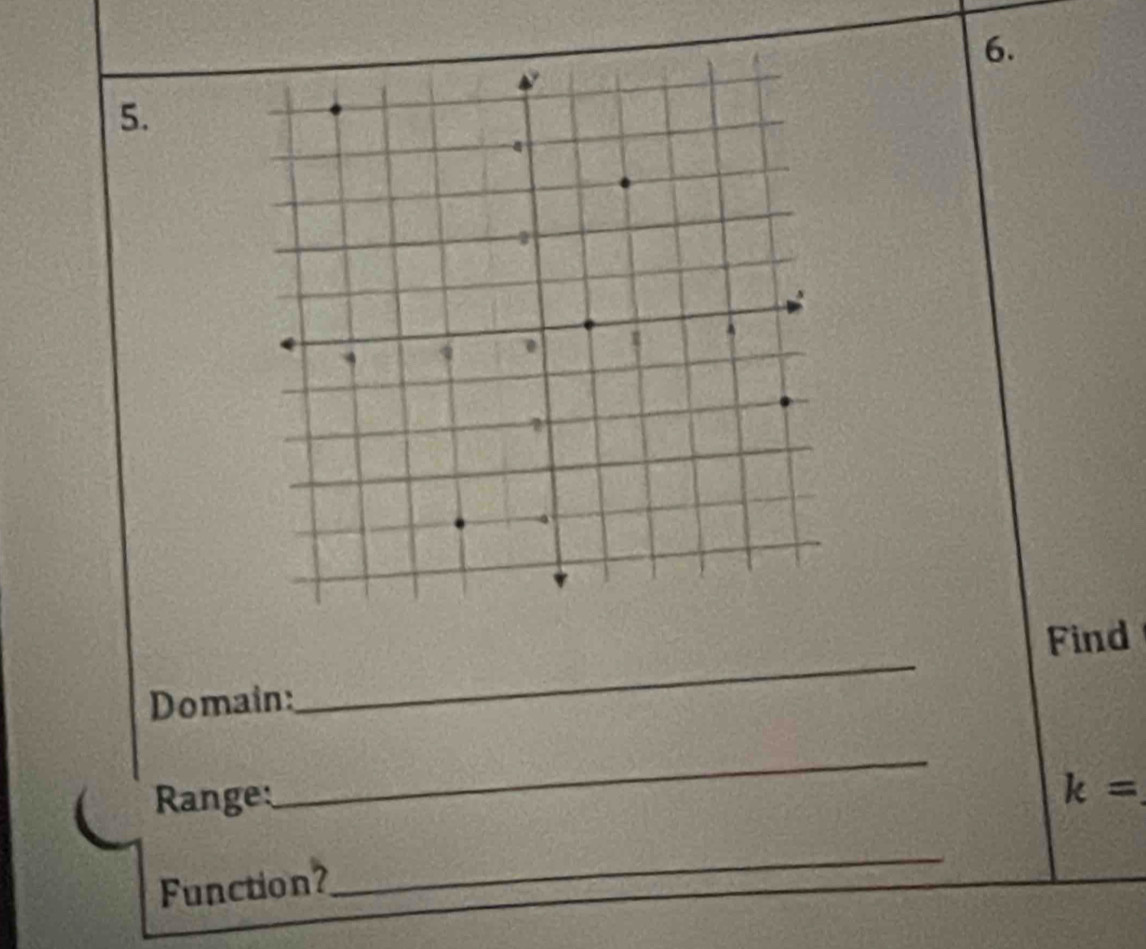 Find 
Domain: 
_ 
Range: 
_
k=
Function? 
_