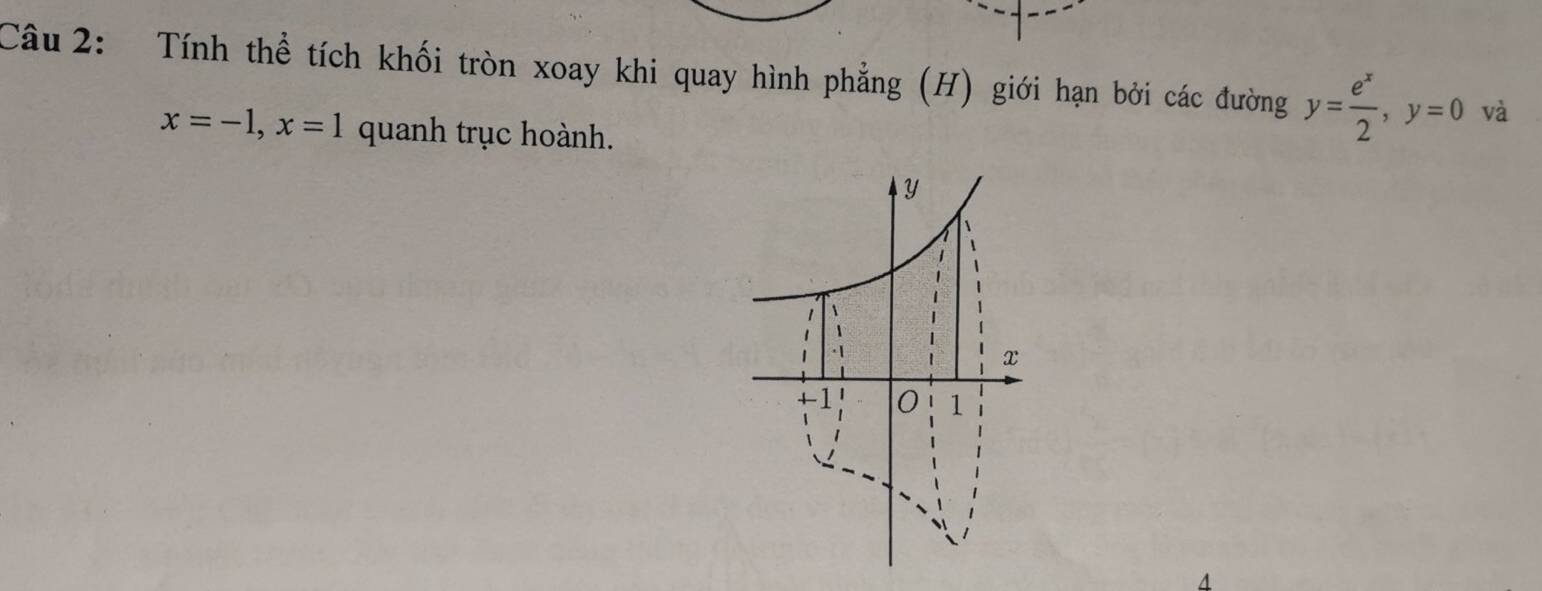 Tính thể tích khối tròn xoay khi quay hình phẳng (H) giới hạn bởi các đường y= e^x/2 , y=0 và
x=-1, x=1 quanh trục hoành.