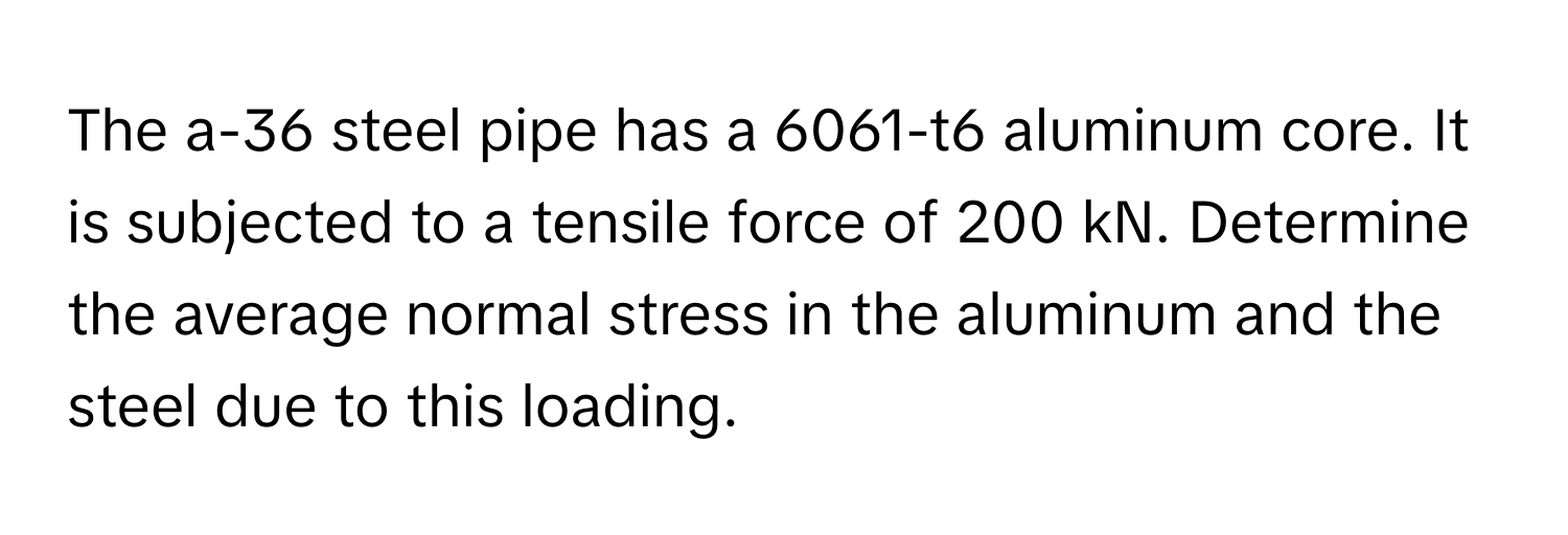 The a-36 steel pipe has a 6061-t6 aluminum core. It is subjected to a tensile force of 200 kN. Determine the average normal stress in the aluminum and the steel due to this loading.