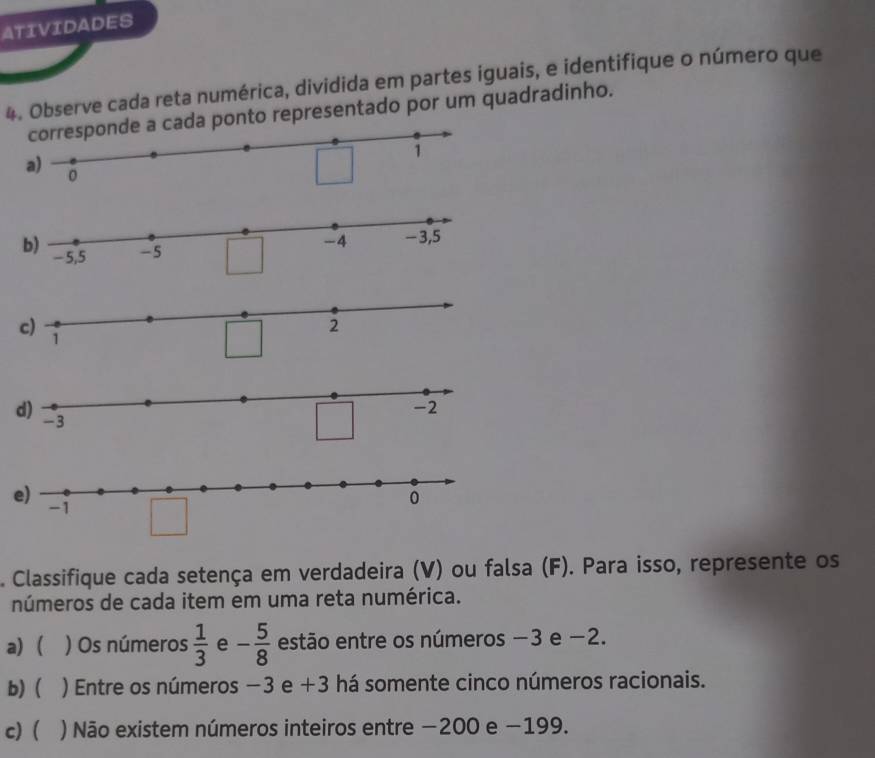 ATIVIDADES 
4. Observe cada reta numérica, dividida em partes iguais, e identifique o número que 
da ponto representado por um quadradinho. 
. Classifique cada setença em verdadeira (V) ou falsa (F). Para isso, represente os 
números de cada item em uma reta numérica. 
a)  ) Os números  1/3  e - 5/8  estão entre os números −3 e −2. 
b) ( ) Entre os números −3 e +3 há somente cinco números racionais. 
c) ( ) Não existem números inteiros entre −200 e −199.